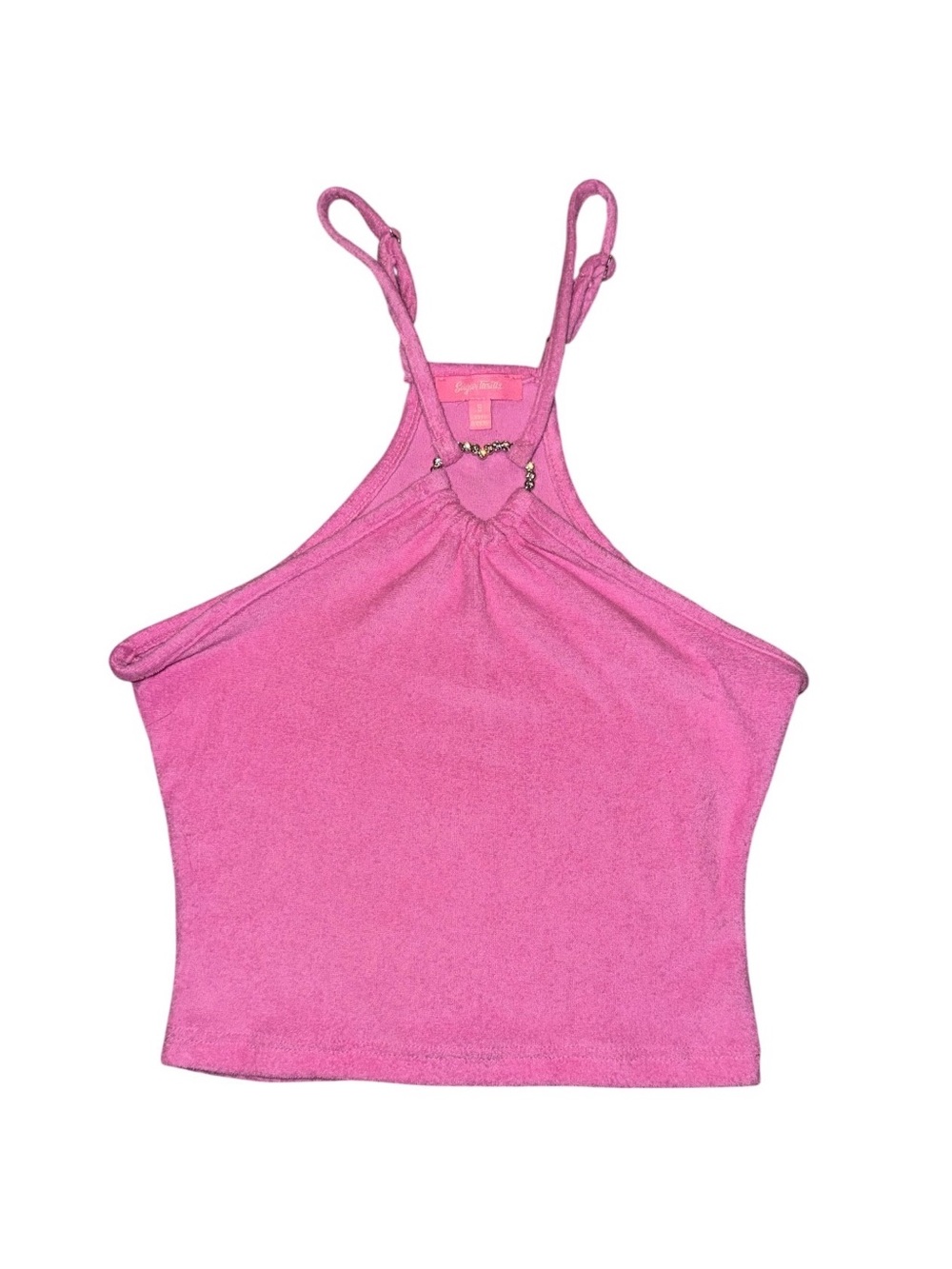 Sugar Thrillz Pink Terry Cloth Cropped Halter Top with Embellished Heart Ring